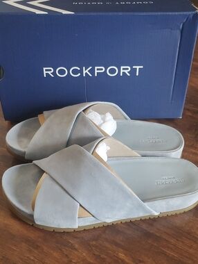Rockport Light Gray Suede Crisscross Slide Sandals